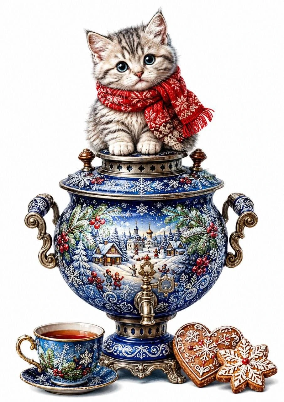 Cozy winter illustration of a kitten in a red scarf sitting on a blue samovar with gingerbread cookies and tea