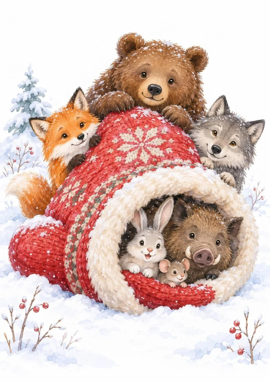 Sweet watercolor illustration inspired by a winter fairytale, with forest animals cozying up together inside and around a large knitted mitten in the snow