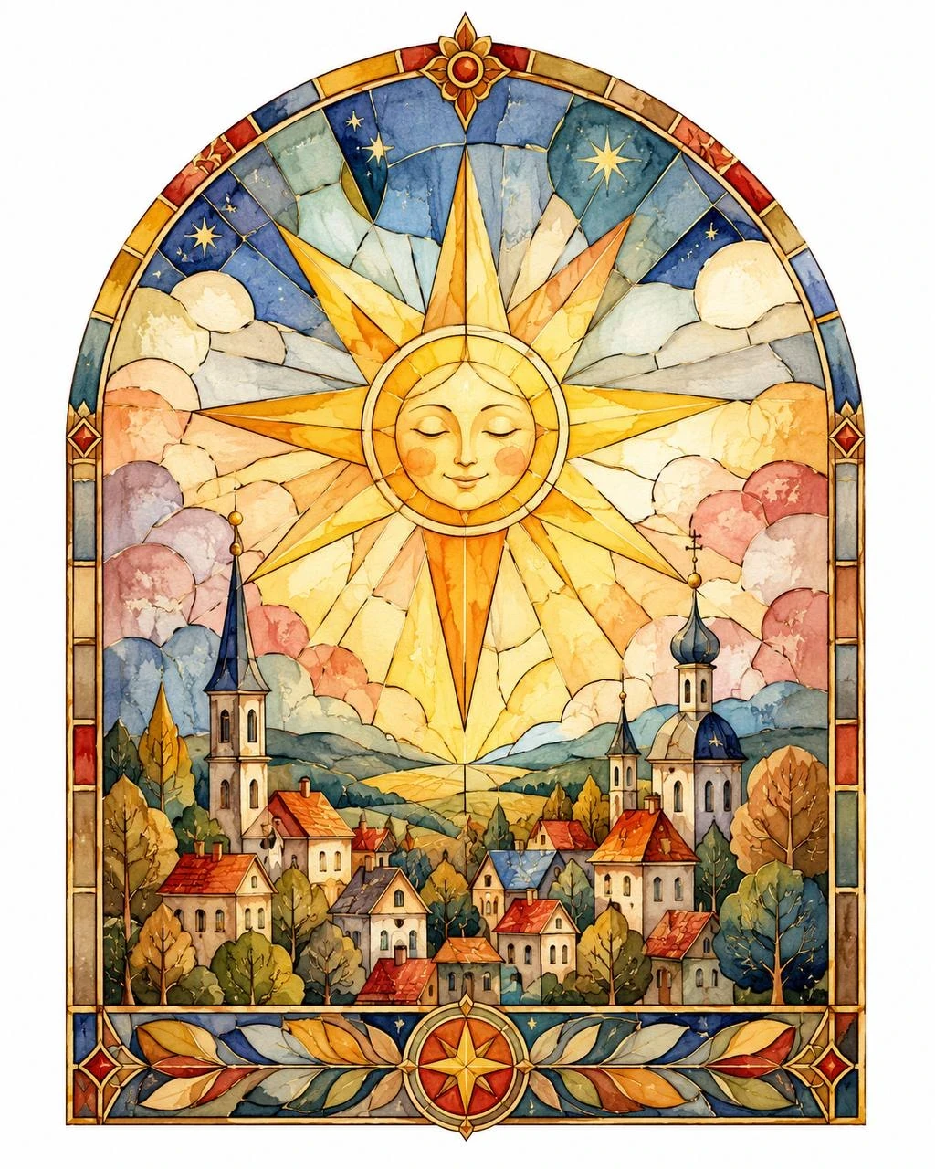 Stained-glass illustration of a smiling sun above a peaceful village with church towers