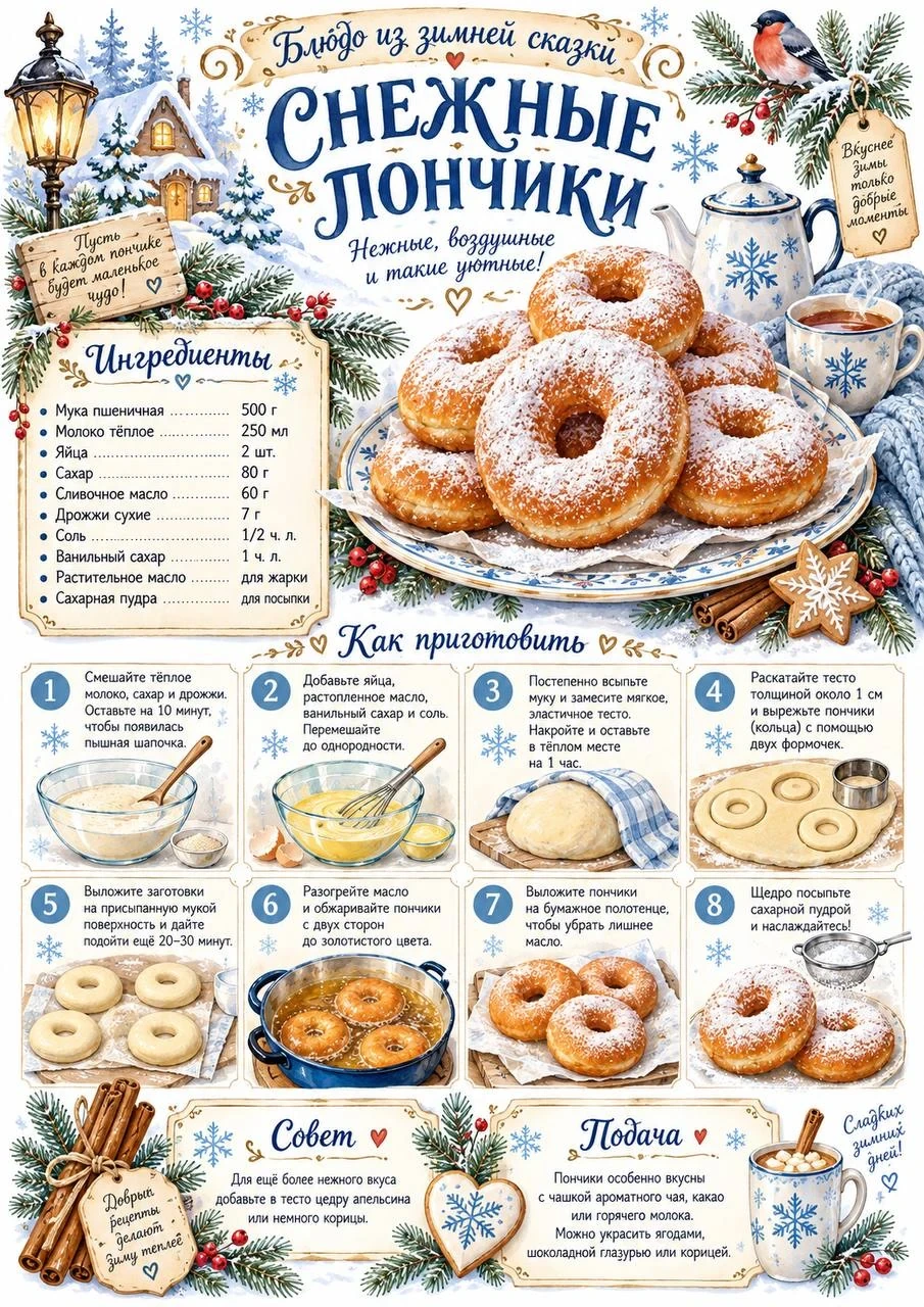 Illustrated dessert recipe poster — Snow Donuts