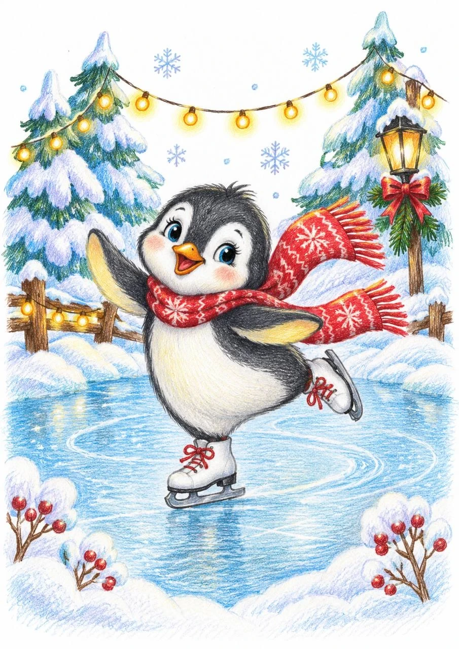 Winter colored-pencil illustration of a joyful little penguin skating on an icy pond with a red knitted scarf, snowy trees and glowing garlands