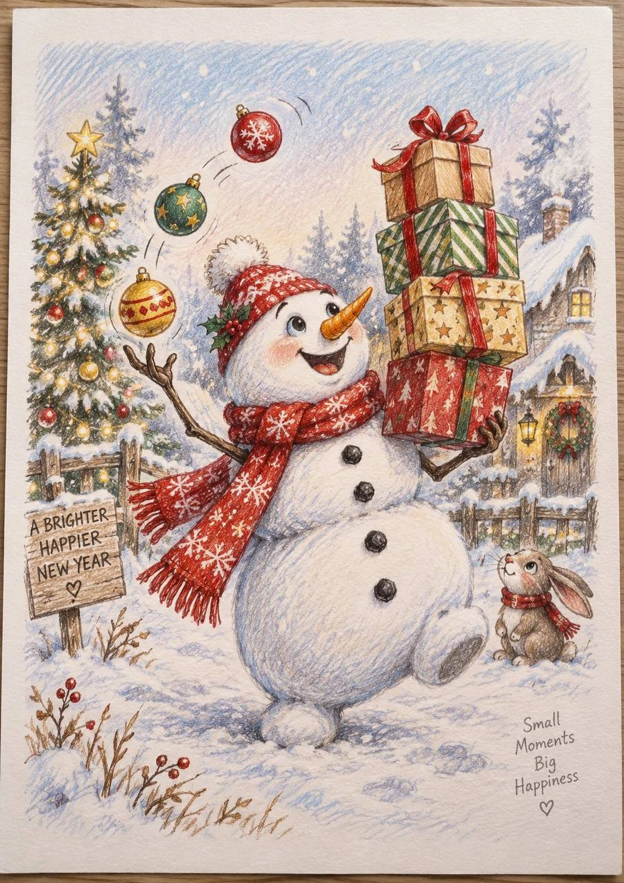 Snowman with a Tower of Gifts