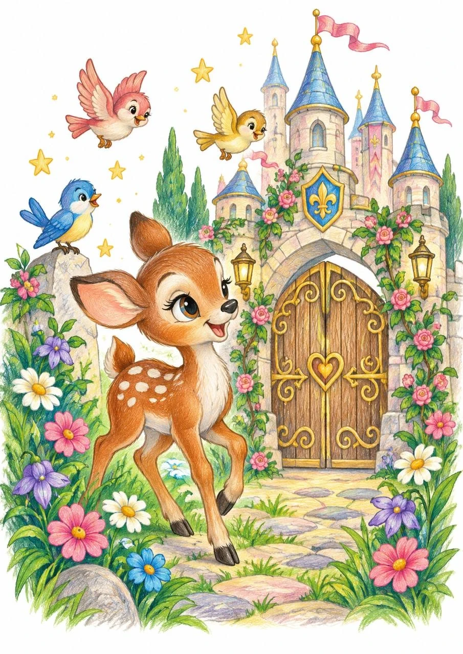 Gentle colored-pencil fairytale scene of a little fawn standing by a flower-lined castle gate with singing birds and soft pastel blooms