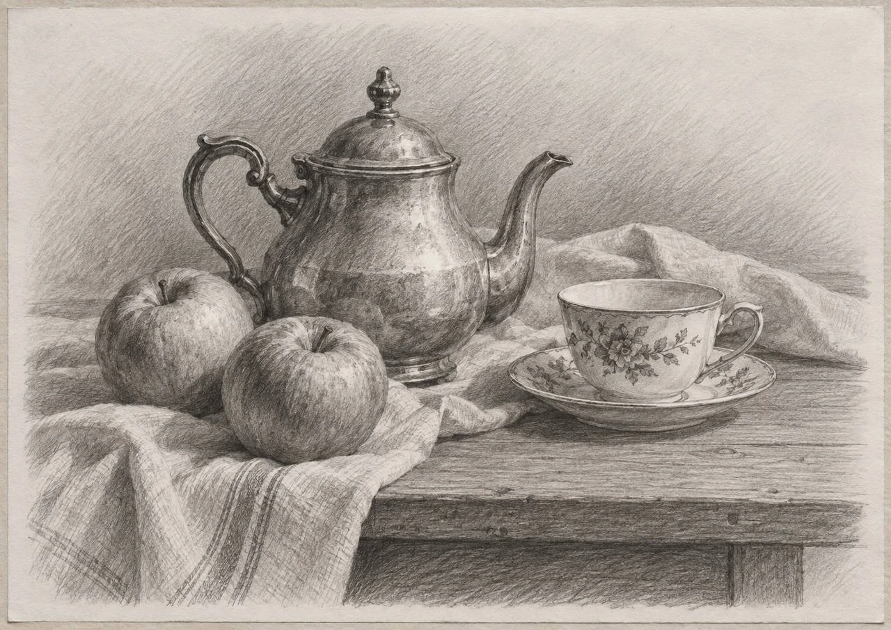 Teapot, Cup and Apples — Pencil Still Life
