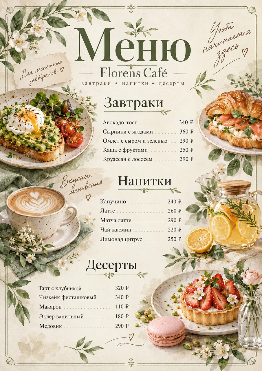 Café Menu with Breakfasts and Desserts