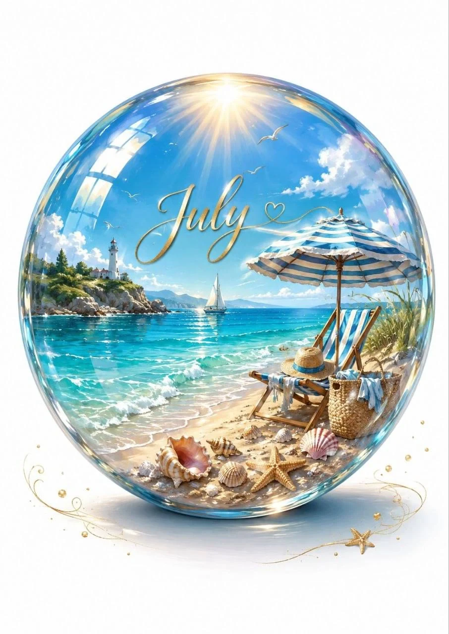 Bright watercolor seaside globe with a striped beach chair, umbrella, lighthouse, shells and the word July