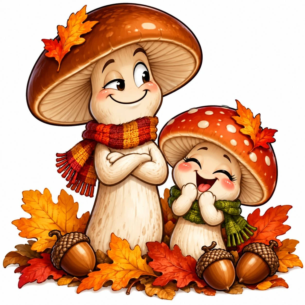 Two smiling mushrooms stand among autumn leaves and acorns. Simple expressive faces turn woodland finds into friendly characters.