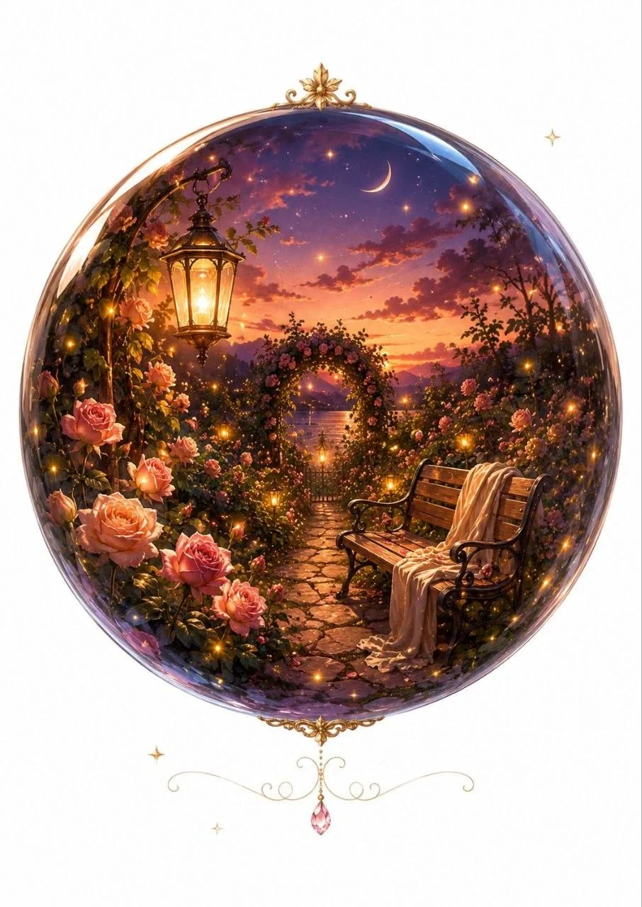 Romantic watercolor twilight garden scene inside a glowing sphere with roses, a bench, lanterns and a crescent moon
