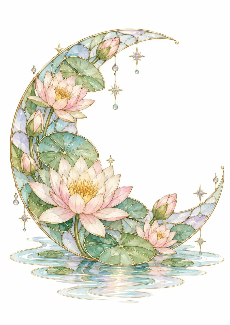 Delicate stained-glass crescent moon formed with lotus flowers, lily pads and hanging stars