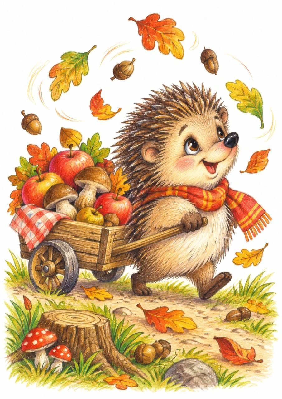 Warm colored-pencil autumn illustration of a smiling hedgehog pulling a little wooden cart filled with apples, mushrooms and forest treasures