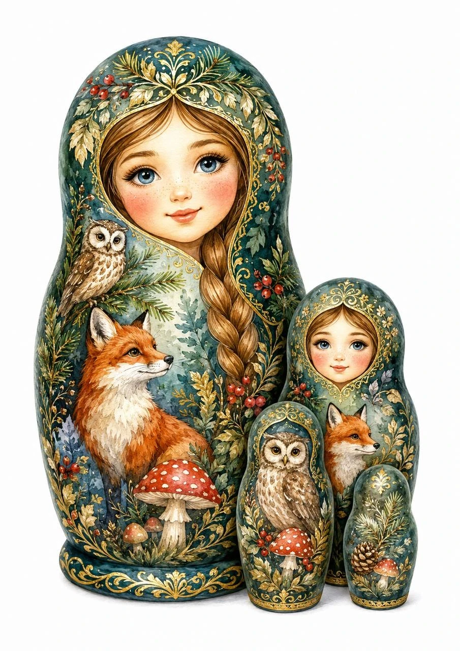 Decorative matryoshka nesting dolls featuring a girl, fox, owls, pinecones and forest mushrooms