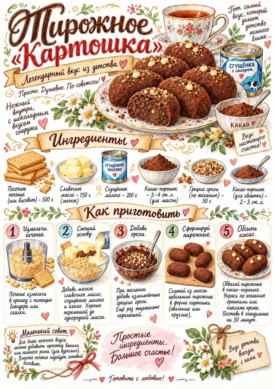 Illustrated recipe sheet for Kartoshka pastry, ingredients and step-by-step preparation
