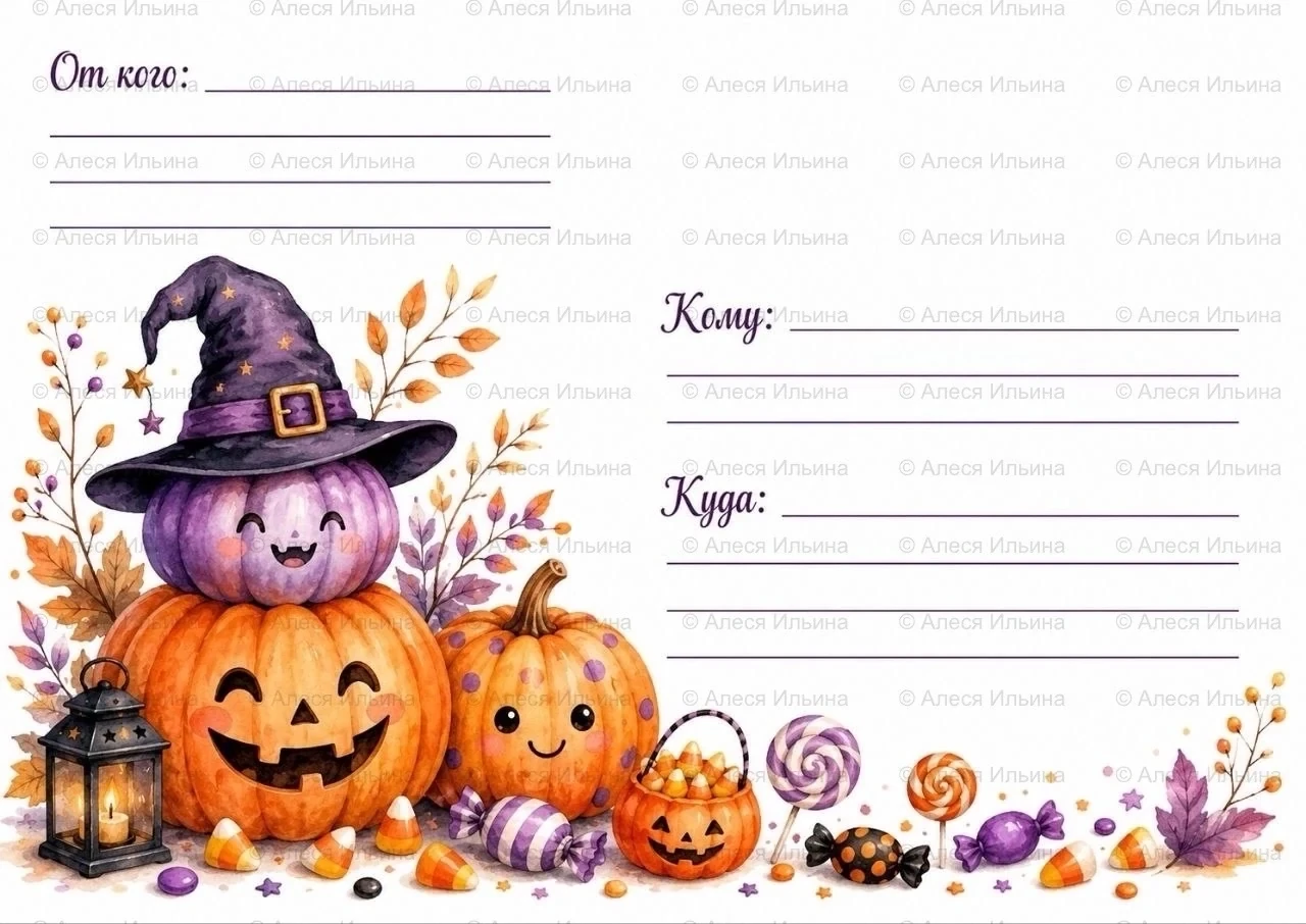 Postal envelope design — Purple Halloween — Candy & Pumpkins