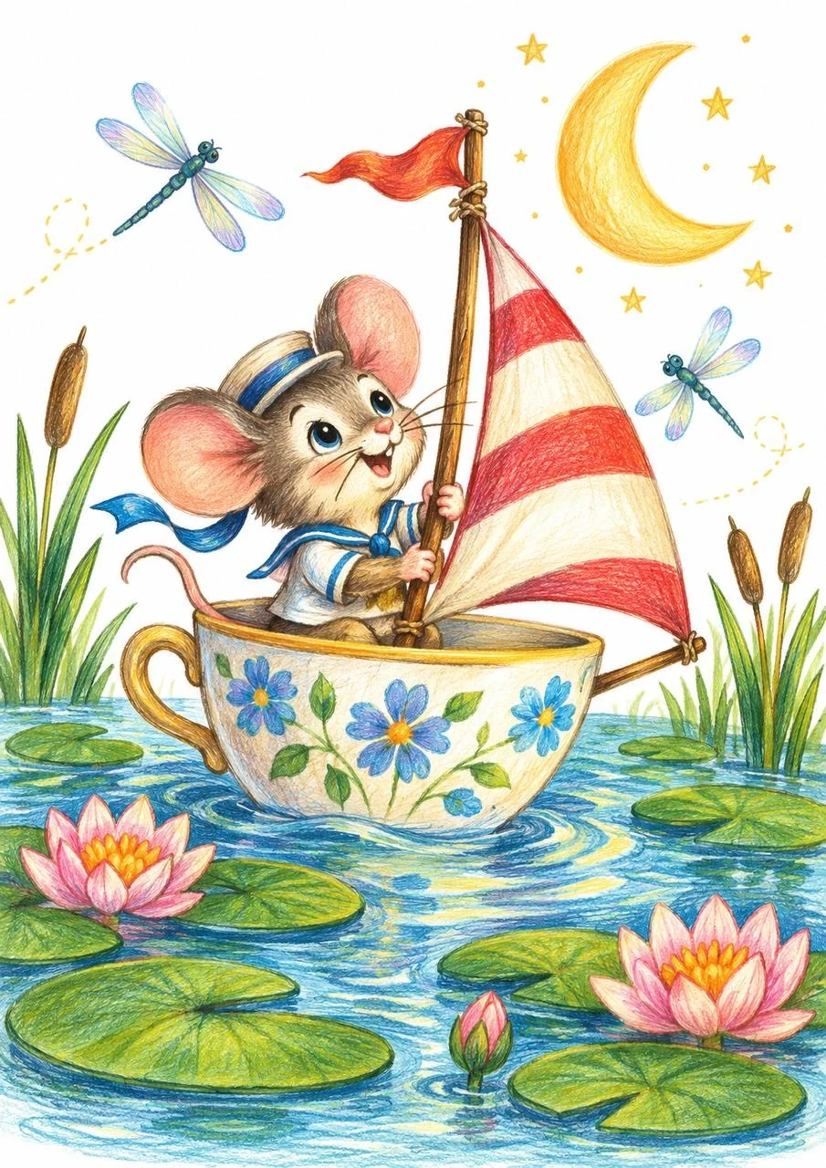 Dreamy colored-pencil illustration of a tiny mouse in a sailor outfit sailing a floral teacup boat among lily pads, dragonflies and moonlit water