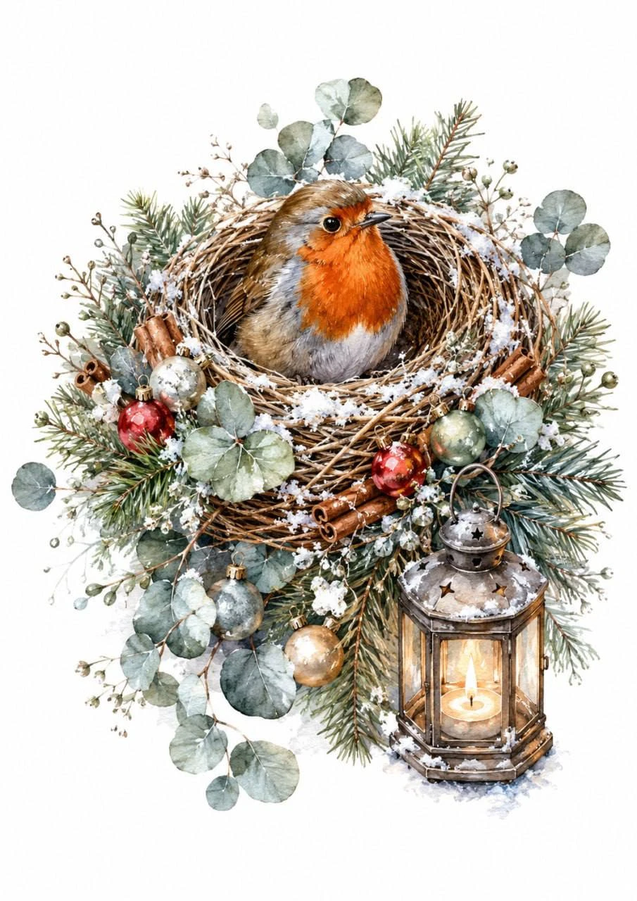 A small bird sits in a nest among snowy branches, berries and evergreens, beside a glowing lantern. Warm light gives the winter scene a cozy mood.