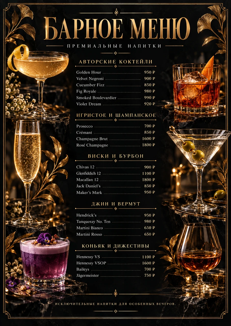 A vertical bar menu with gold typography, an ornamental frame and expressive cocktail imagery on a black background.