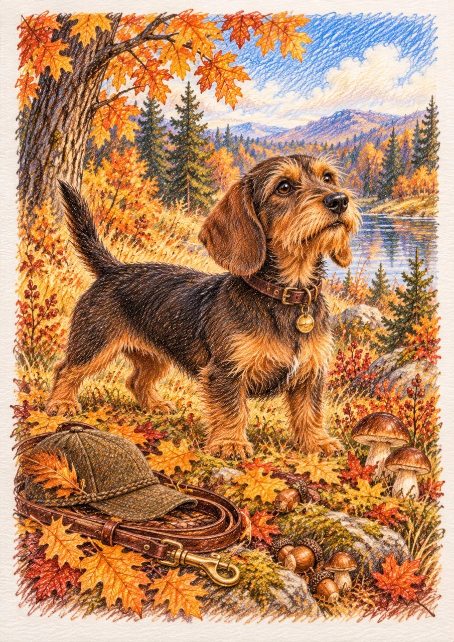 Wire-Haired Dachshund by an Autumn Lake