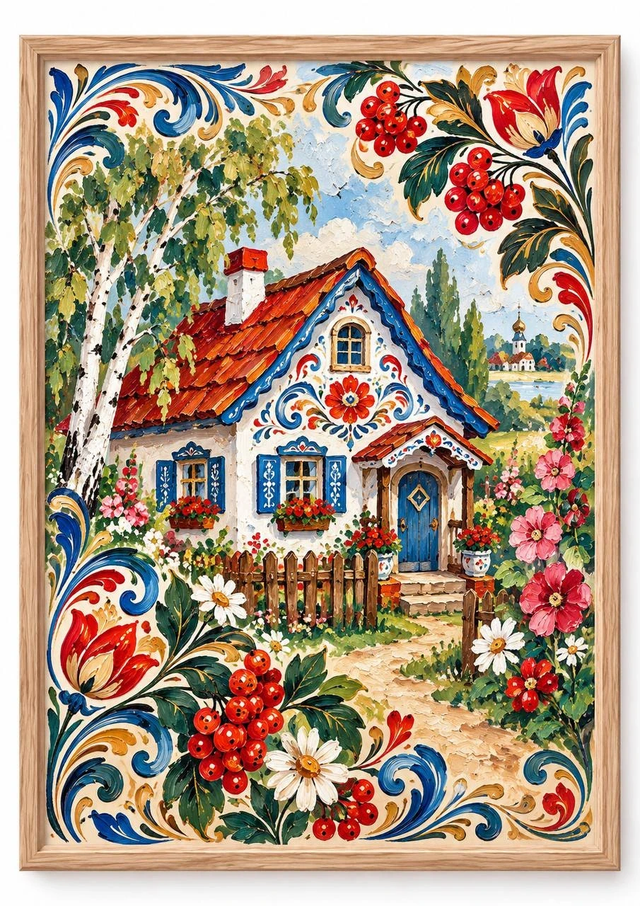 Decorative framed painting of a painted country cottage with floral folk ornament
