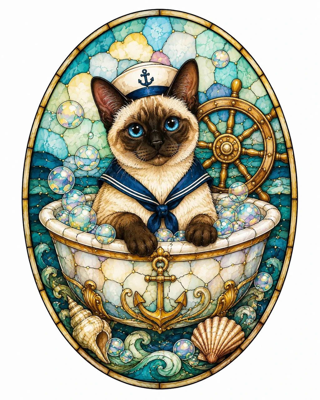 Stained-glass illustration of a Siamese cat sailor in a bathtub with bubbles and seashells