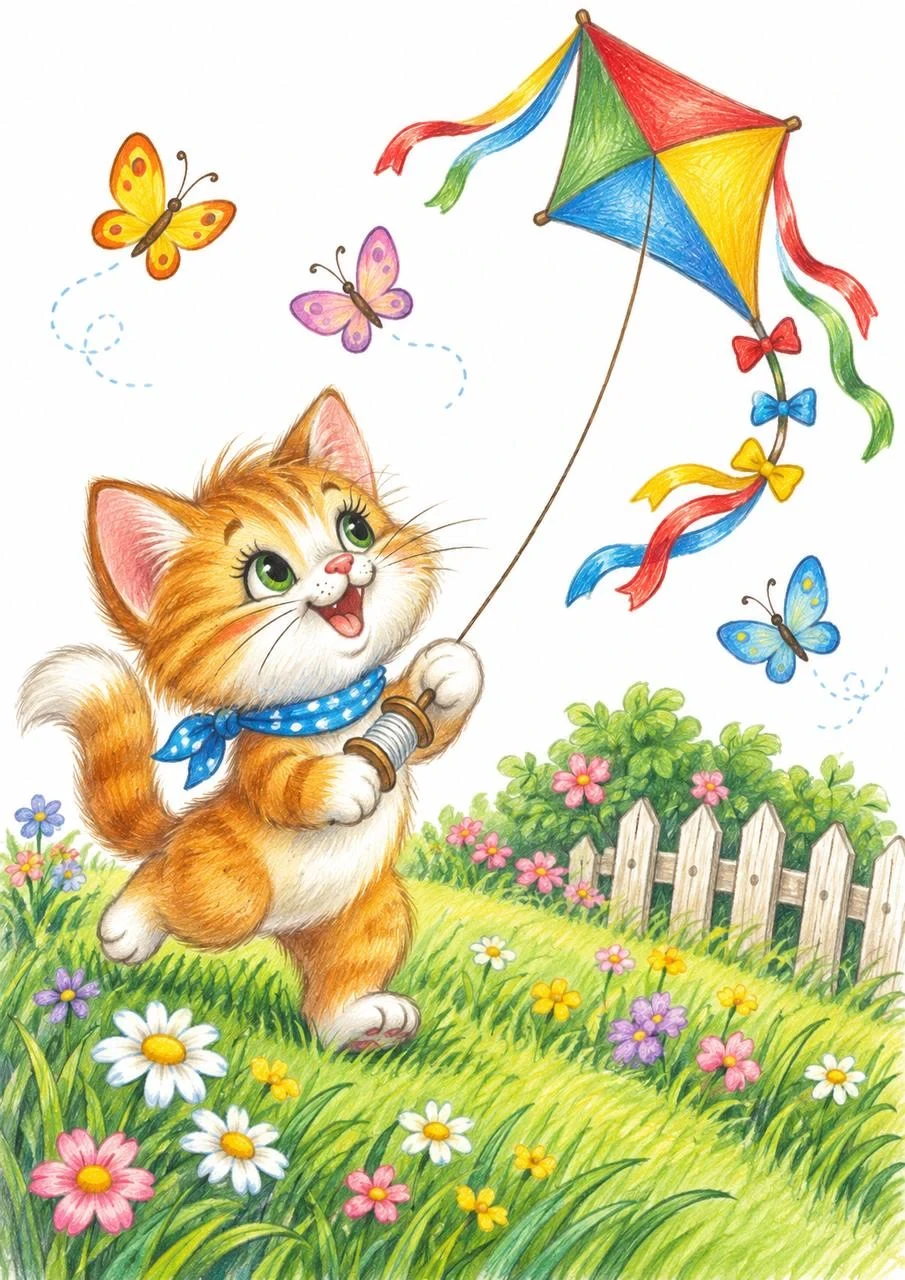 Playful colored-pencil illustration of a ginger kitten running through a flower meadow and flying a bright kite among butterflies and a white fence