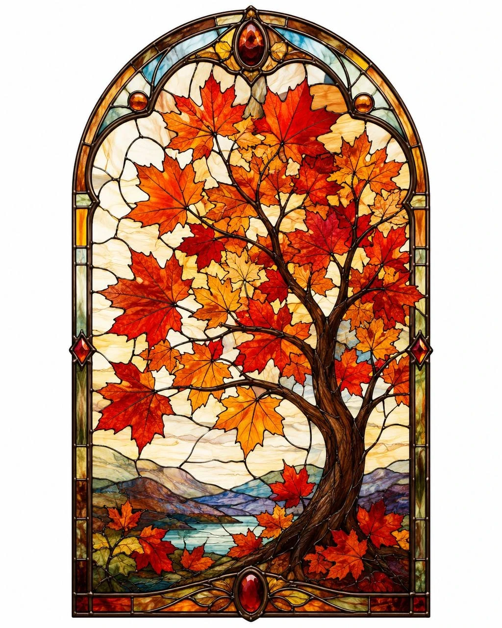 Stained-glass illustration of a bright autumn maple tree above a lakeside landscape