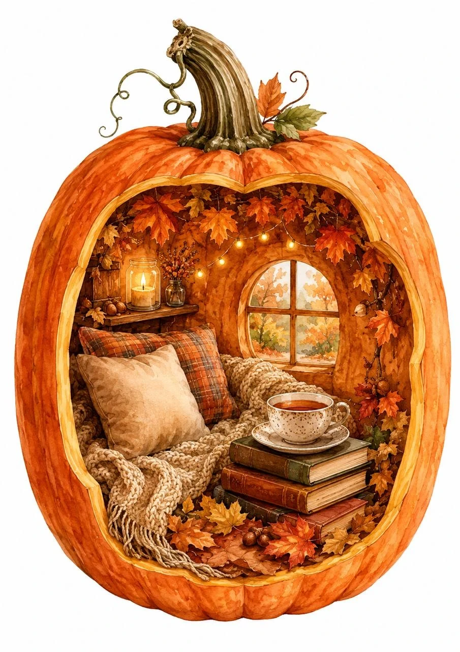 Cozy watercolor pumpkin interior with pillows, knitted blanket, books, tea and autumn leaves