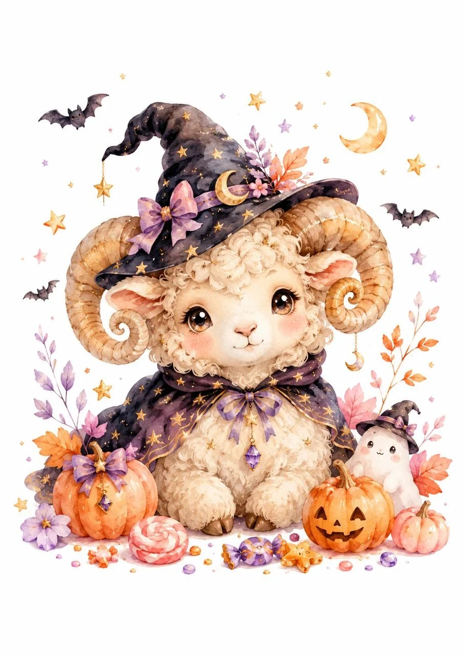 Cute watercolor Halloween ram in a witch hat with pumpkins, candy and little bats