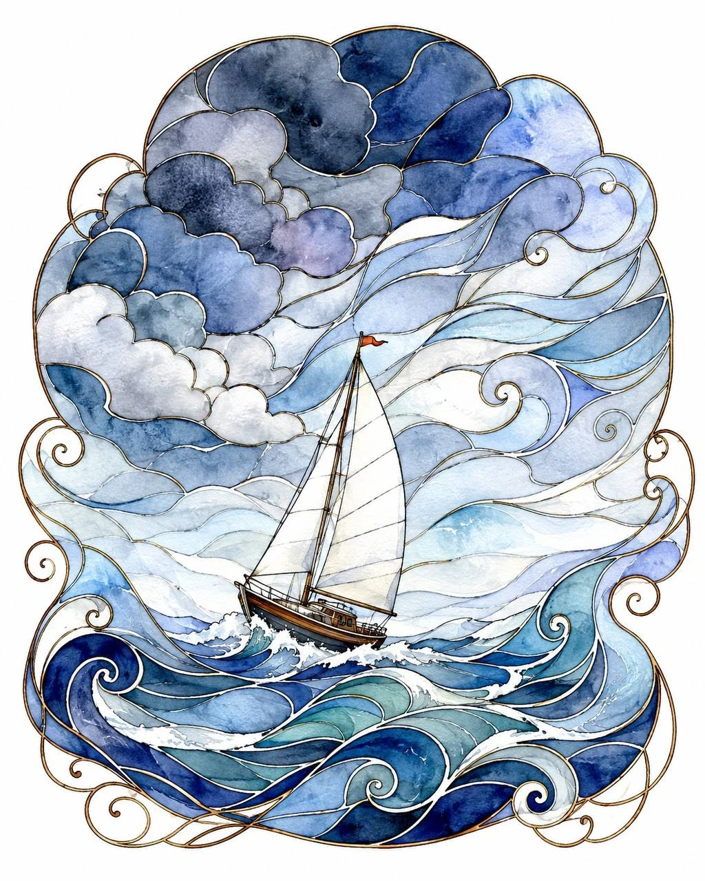 Stained-glass illustration of a sailing boat among dramatic blue waves and swirling storm clouds