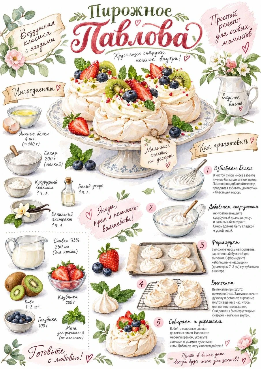 Illustrated recipe sheet for Pavlova pastries with berries, ingredients and step-by-step preparation