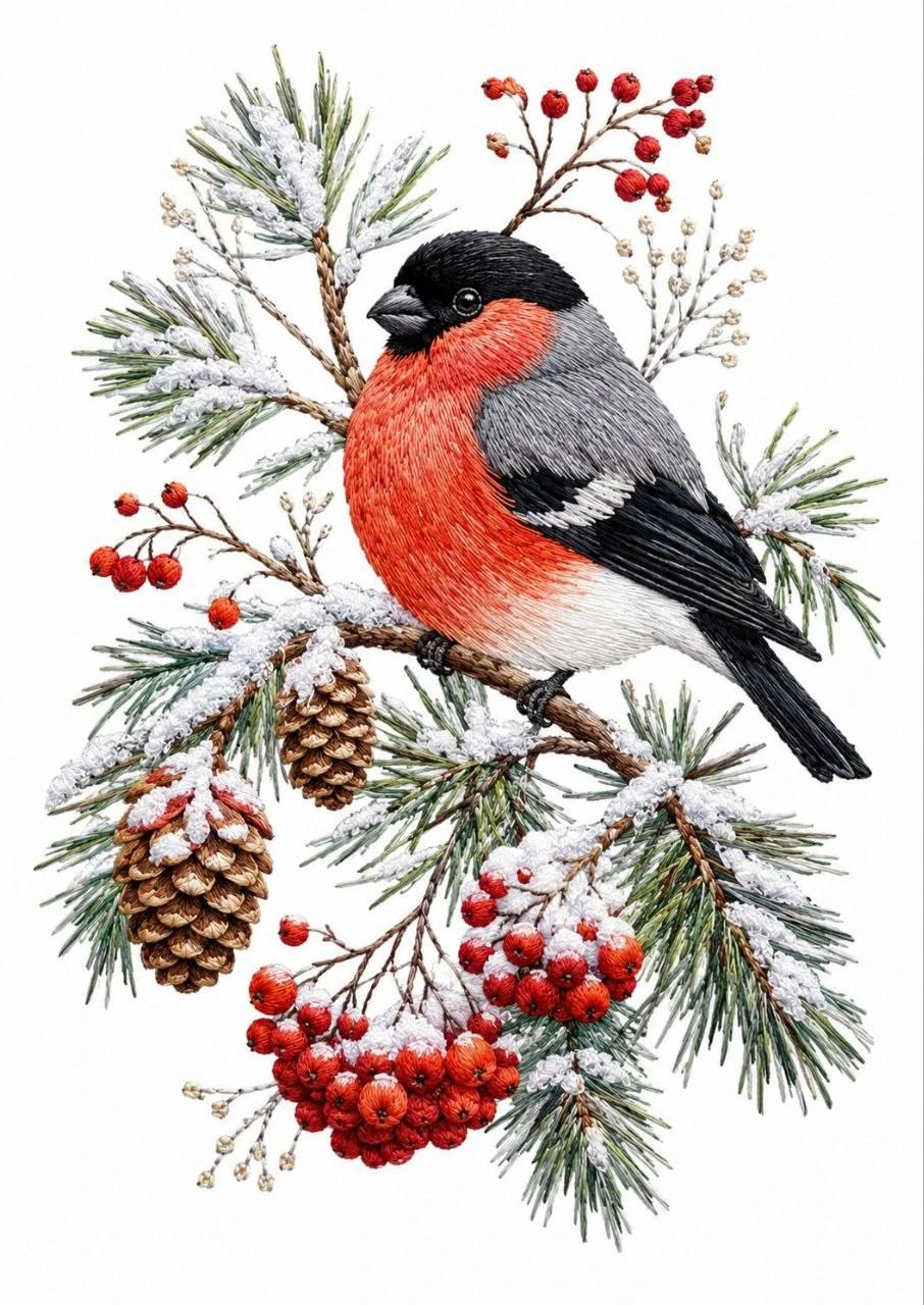 A bullfinch rests among evergreen needles, cones and red berries. The winter composition contrasts its crimson plumage with green branches.