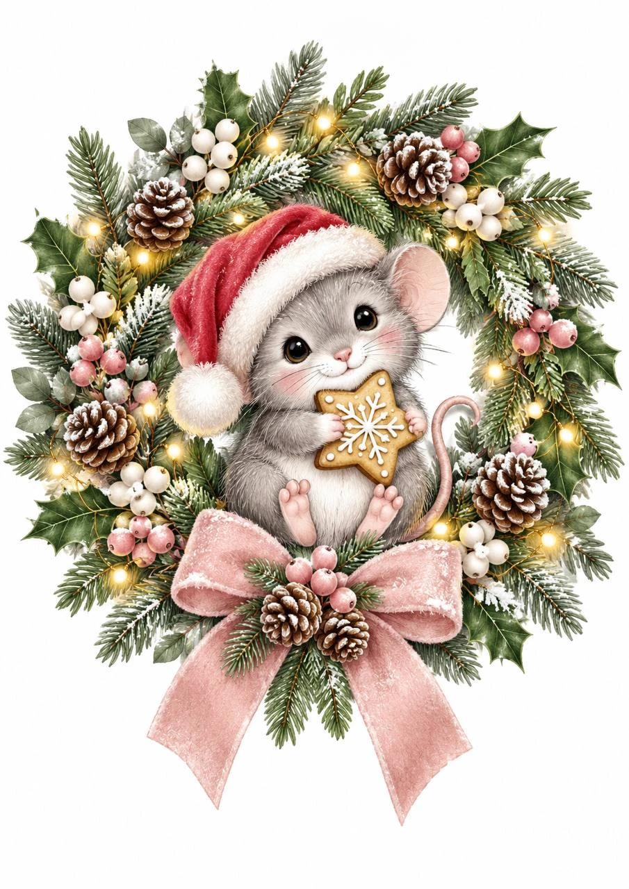 A mouse in a red hat sits among evergreens, cones and a pink bow. The small character becomes the center of a festive wreath.