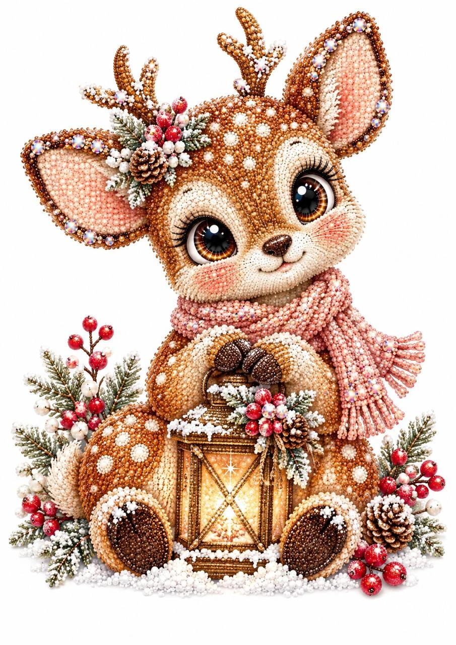 A spotted fawn sits beside a lantern among evergreen branches and berries. Gentle light reinforces the cozy winter mood.