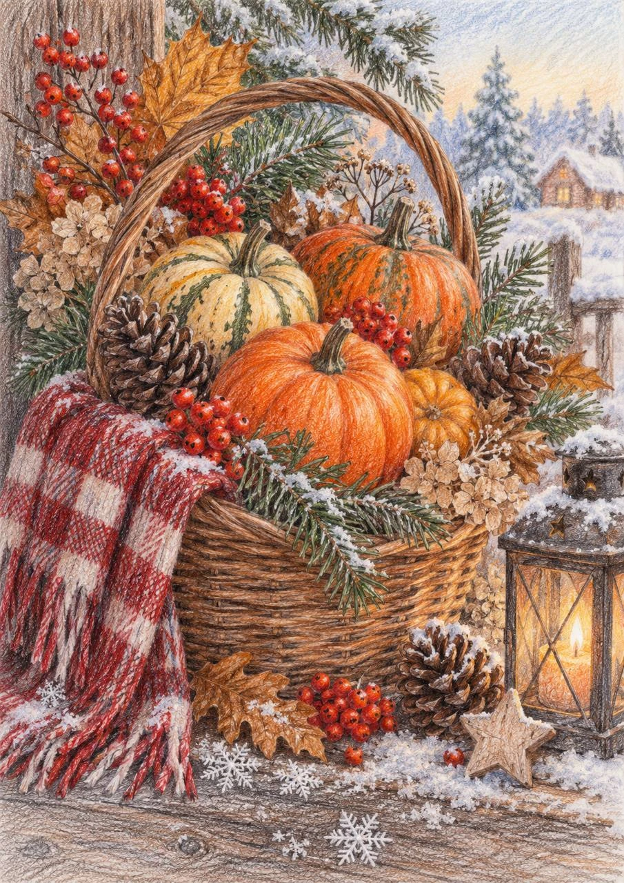 Pumpkin Basket by a Winter Lantern