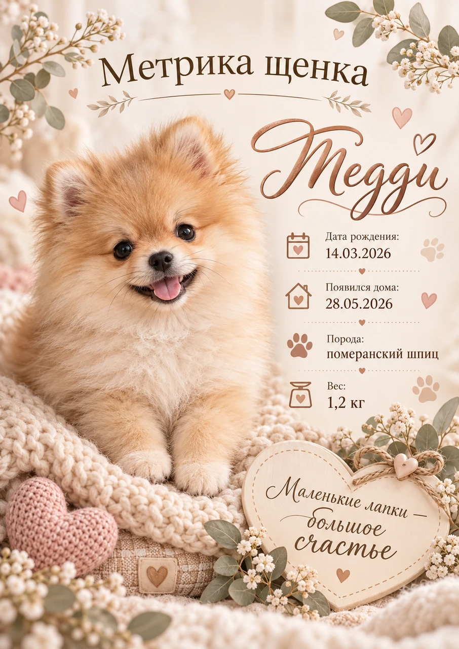 A fluffy golden puppy on a warm keepsake certificate with a floral border, little hearts and a handwritten name.