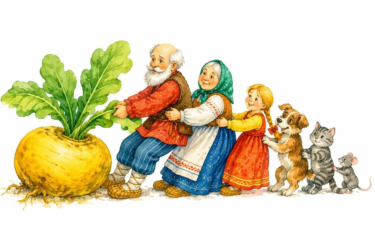 Illustration of the fairy tale The Enormous Turnip with дедушка, бабушка, внучка, dog, cat and mouse pulling a giant turnip