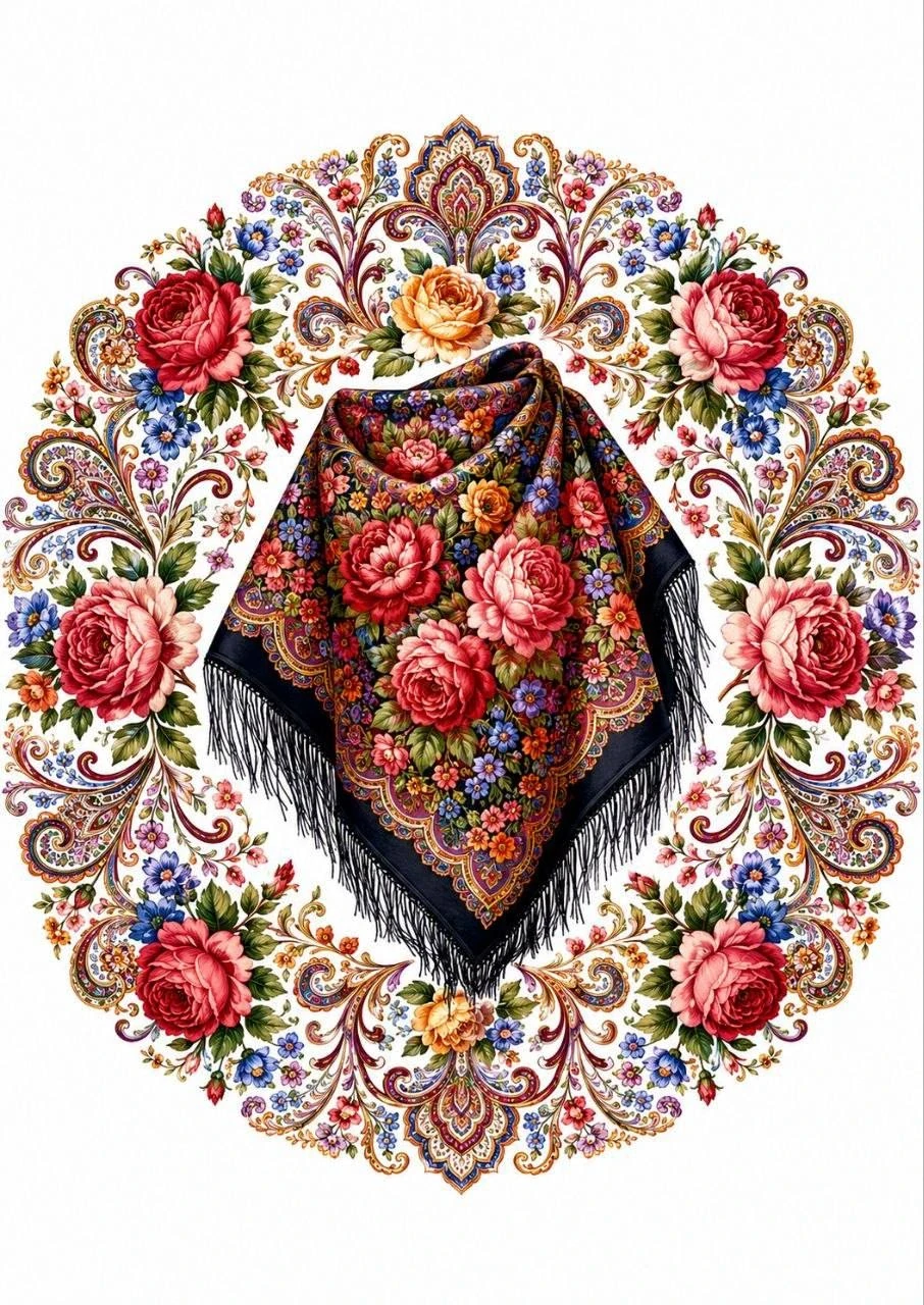 Decorative composition featuring a richly patterned Pavlovo Posad shawl surrounded by ornate flowers and curls