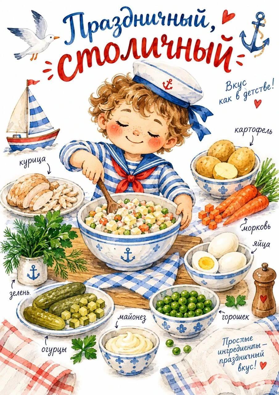 Watercolor illustrated recipe card for festive Stolichny salad with chicken, potatoes, carrots, eggs, pickles, peas and mayonnaise