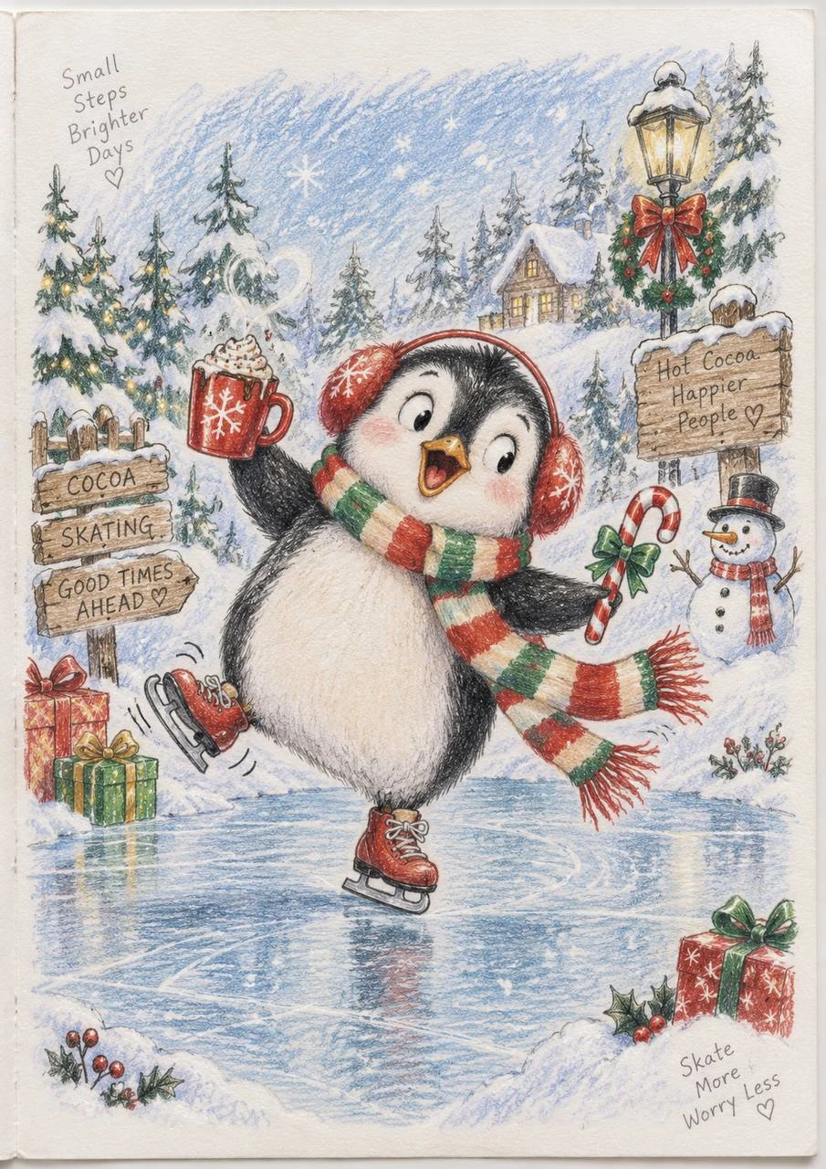 Penguin on the Winter Ice Rink