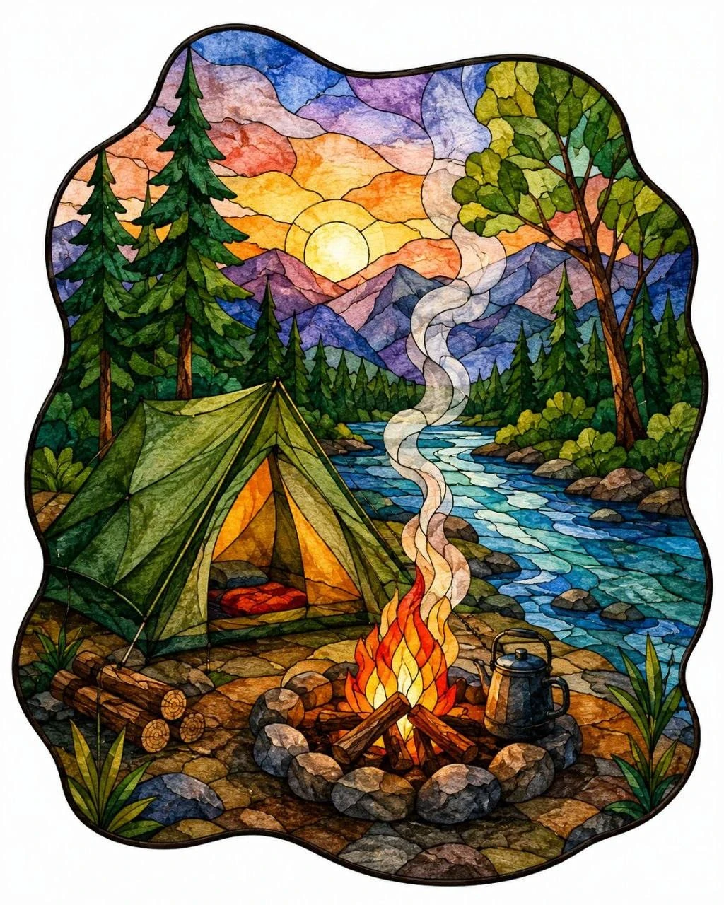 Stained-glass landscape illustration with a riverside tent camp, campfire and mountain sunset