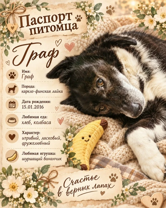 A black-and-white dog in a floral pet passport with a gentle composition, warm tones and details that reflect the pet’s character.