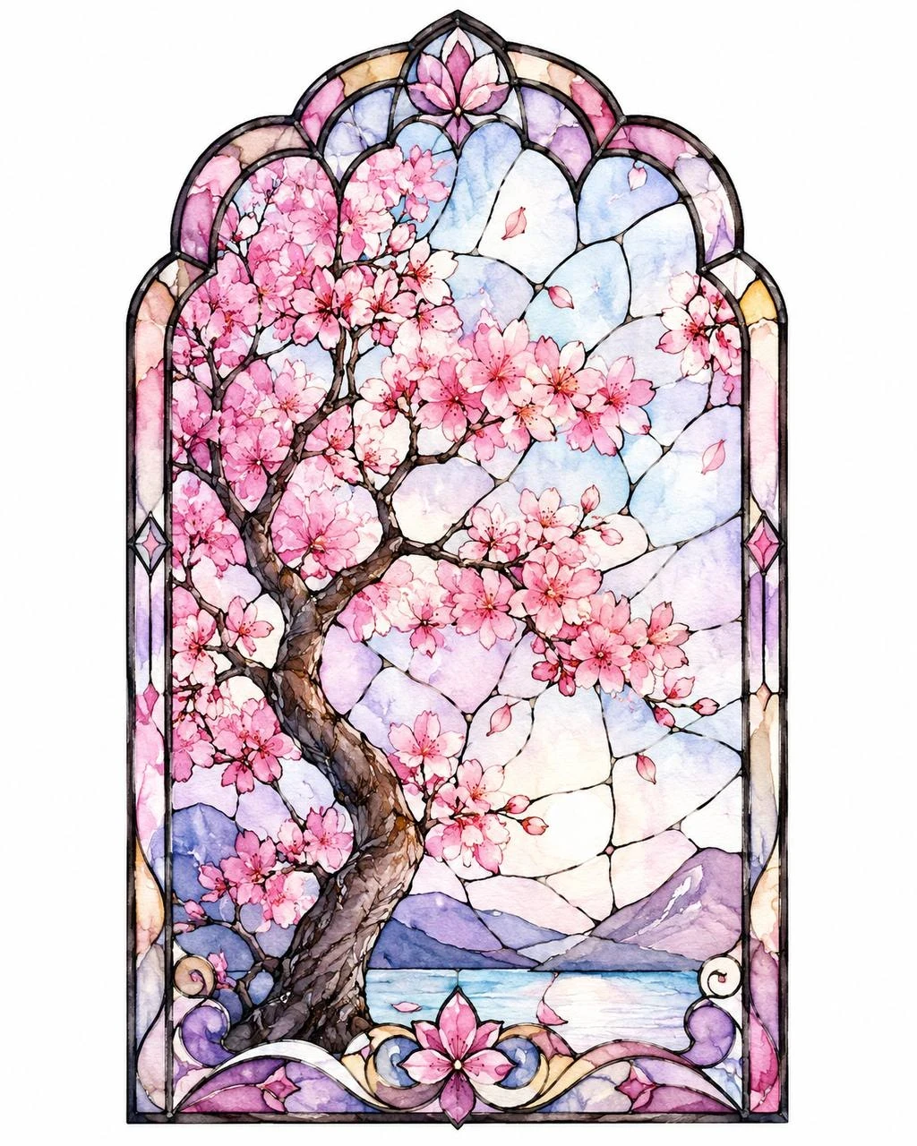 Stained-glass illustration of a blooming sakura tree by a lakeside landscape
