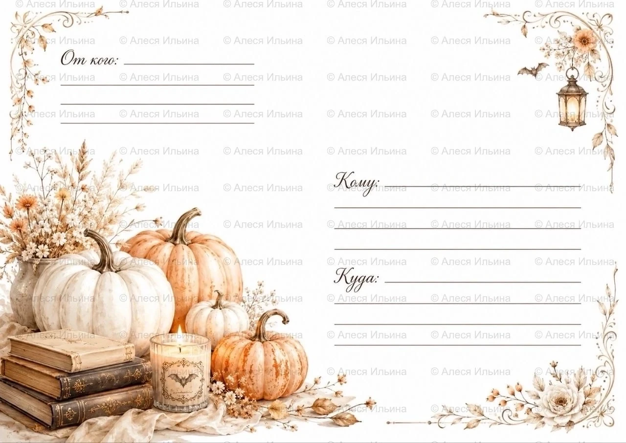 Postal envelope design — Autumn Halloween — Books & Candle