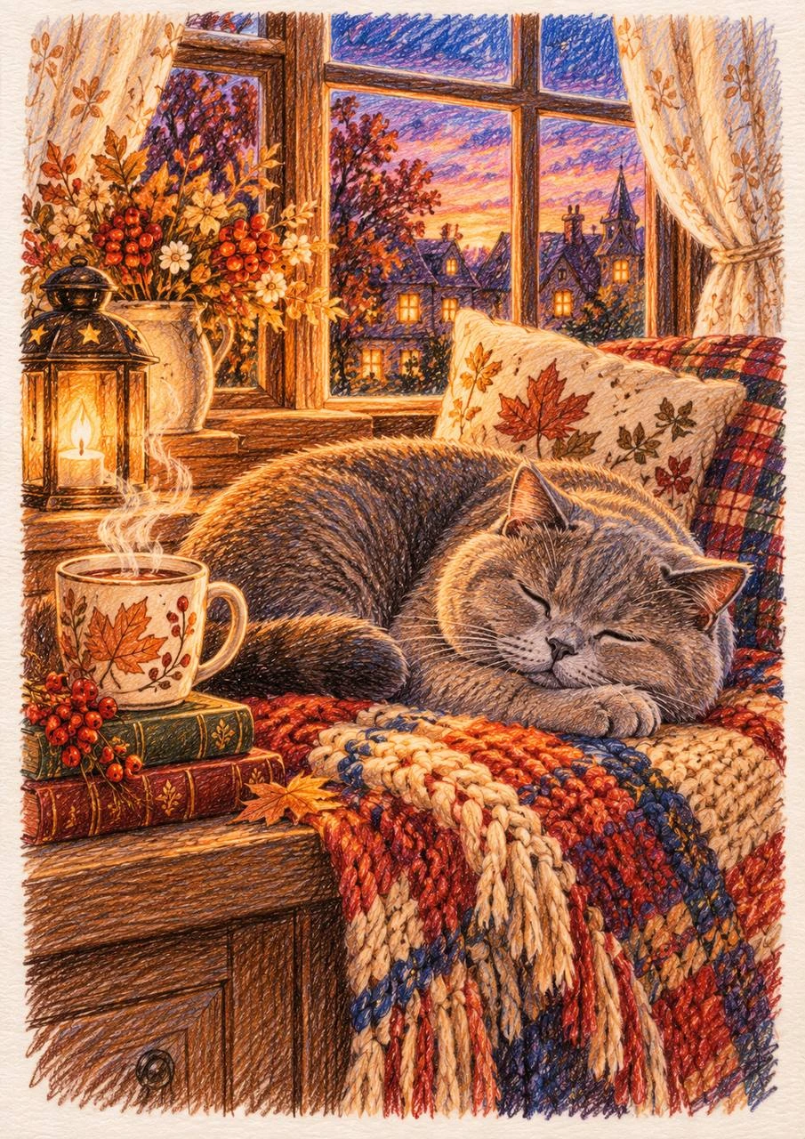 Cat Napping by an Autumn Window
