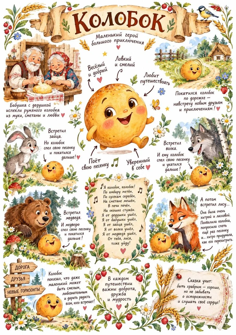 Storybook-style poster about Kolobok with the main character in the center and scenes featuring дедушка and бабушка, the hare, wolf, bear and fox