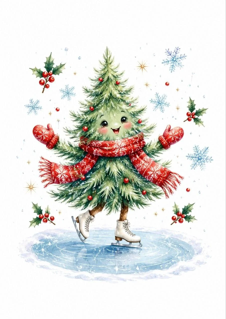 Adorable Christmas tree character skating on ice in a red scarf and mittens with winter berries around