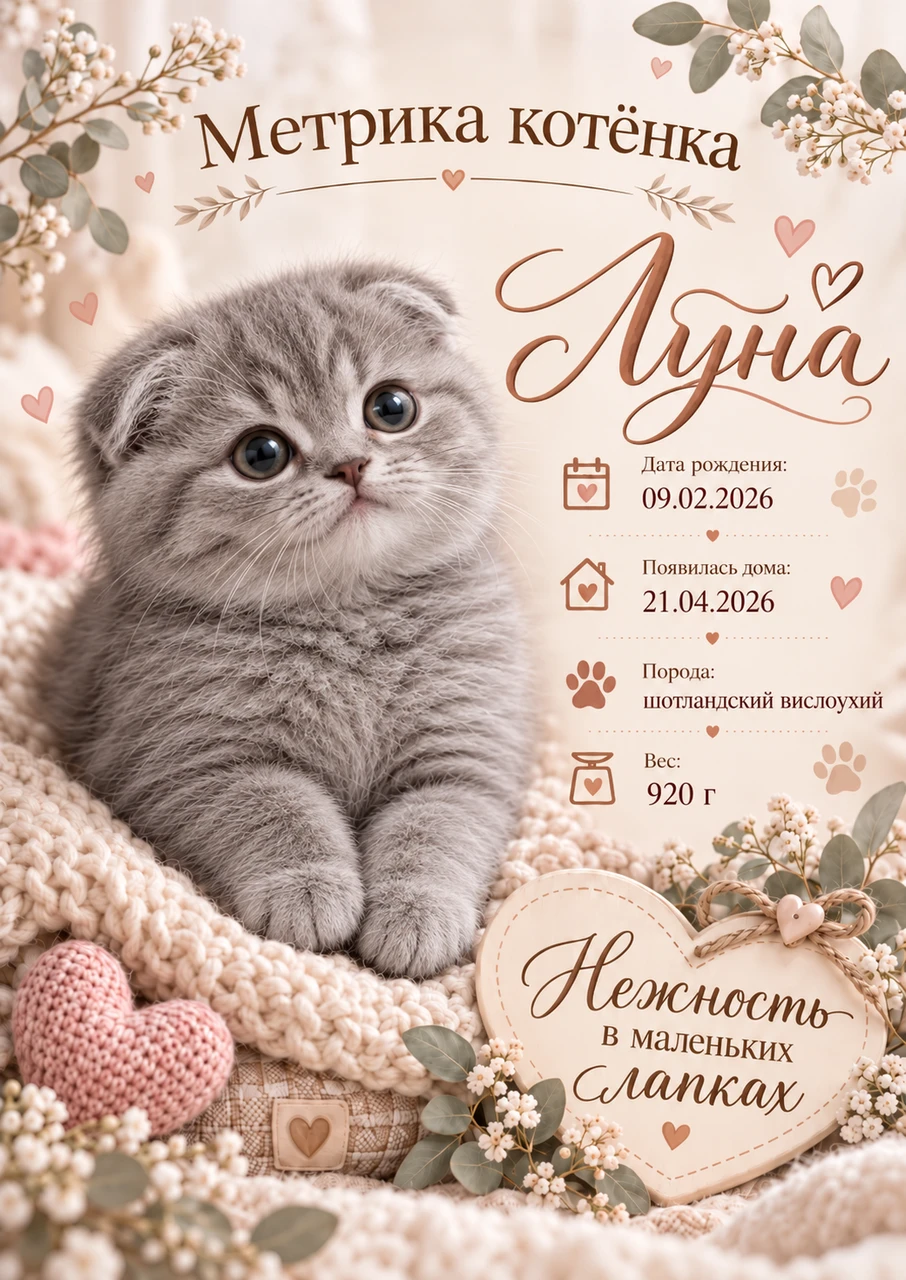 A fluffy grey kitten on a delicate keepsake certificate with flowers, knitted hearts and soft pink-and-cream accents.