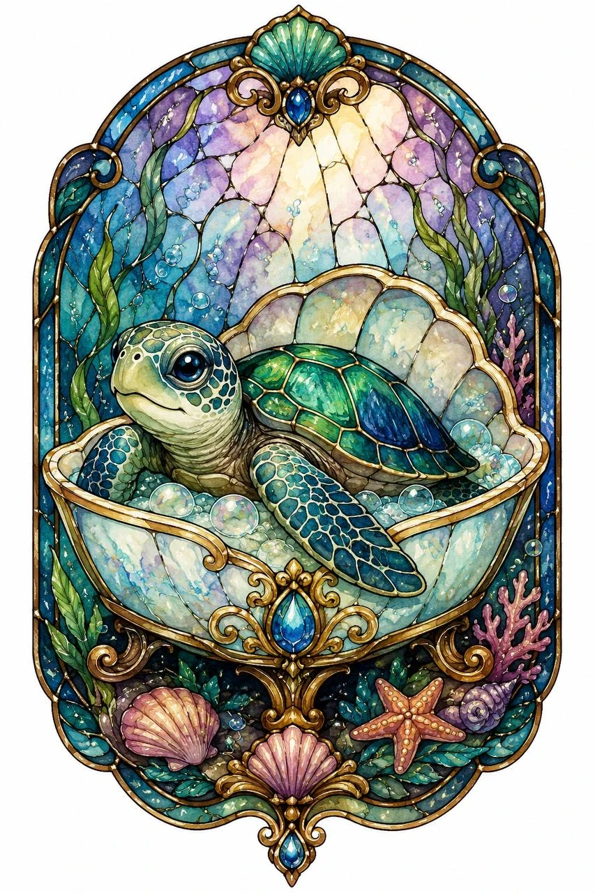 Stained-glass illustration of a sea turtle in a shell bath surrounded by sea details