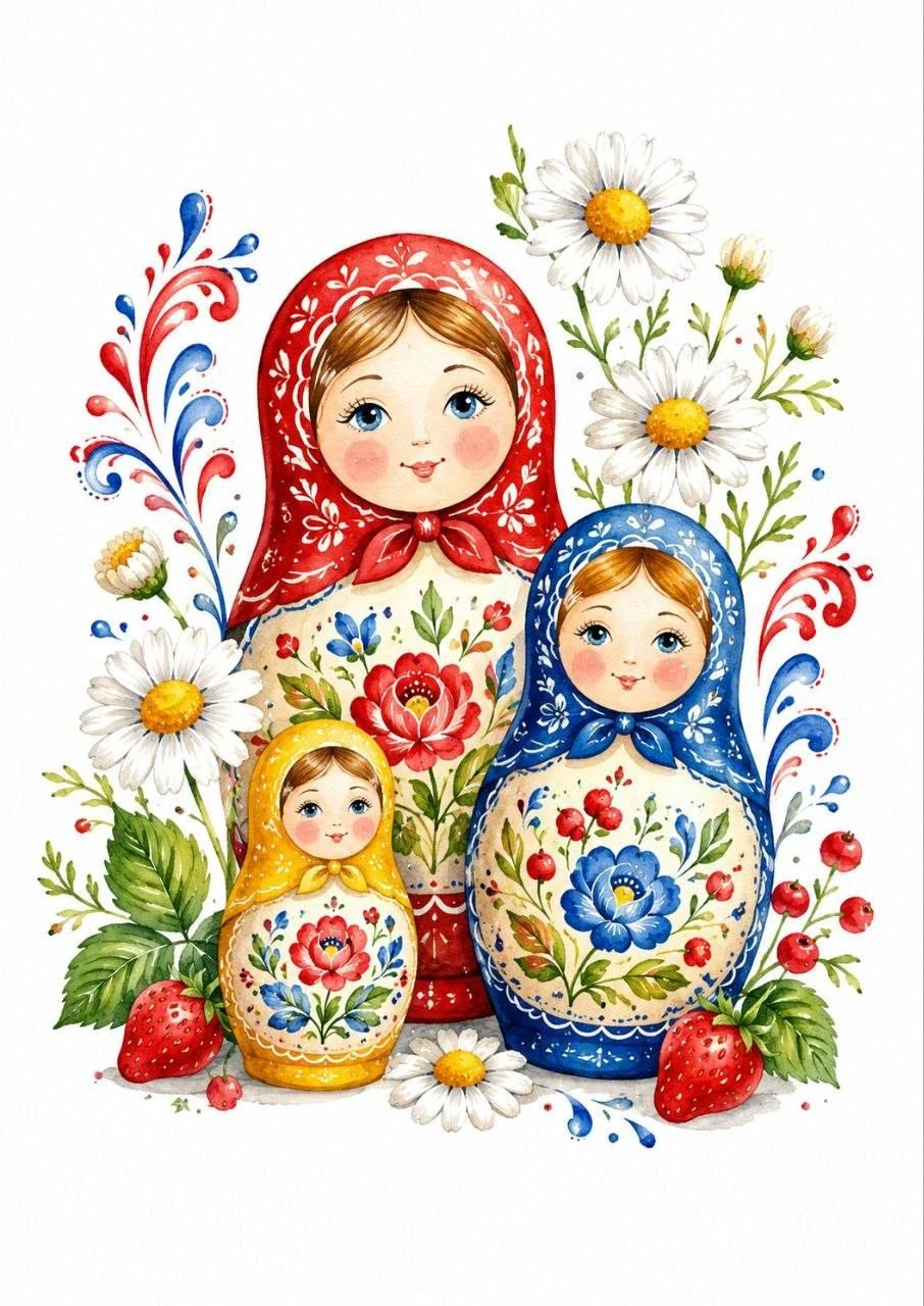 Whimsical watercolor illustration of three floral matryoshka dolls with daisies and berries