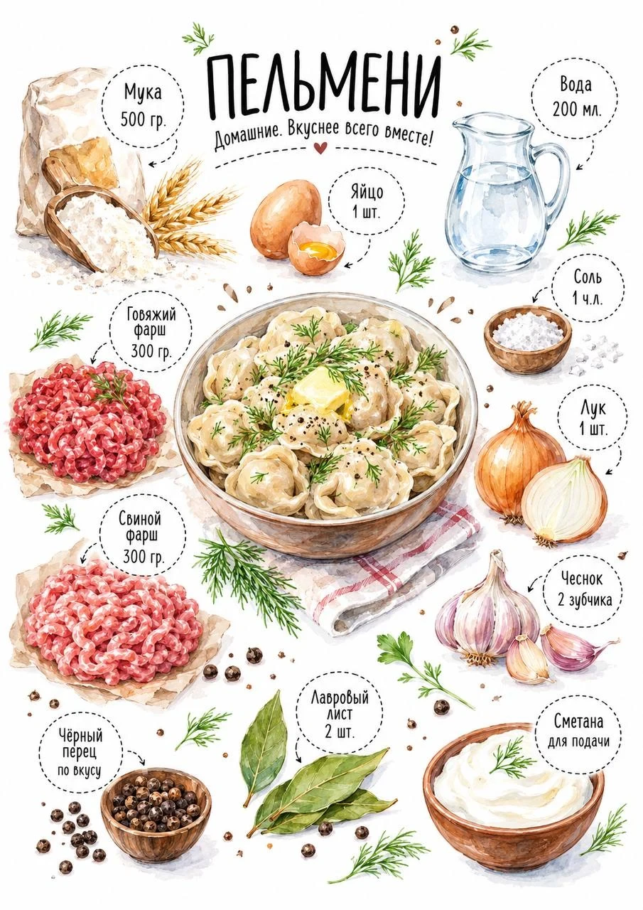 Watercolor ingredient layout for homemade pelmeni with flour, egg, water, beef and pork mince, onion, garlic, spices and sour cream