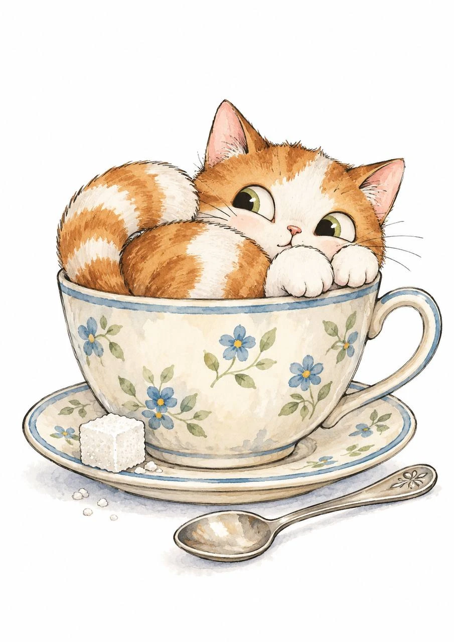 A ginger kitten curls up inside a flower-patterned teacup. The playful scale turns an everyday tea setting into a storybook moment.